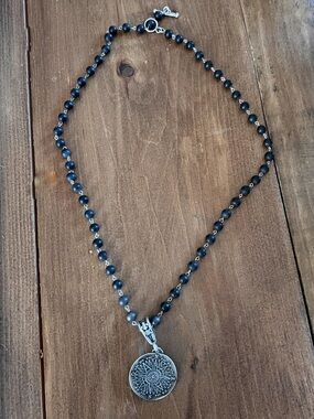 French Kande Necklace Large Round Compass Medallion Black Beads Toggle Clasp